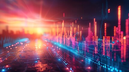 a futuristic stock market graph with glowing neon lines, candlestick charts, and fluctuating data points - obrazy, fototapety, plakaty