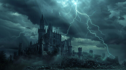 Great castle dark with strong rays and lightning fantasy - obrazy, fototapety, plakaty