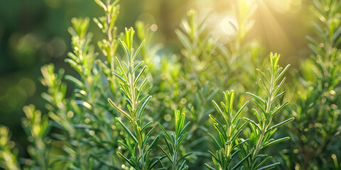 Fresh Rosemary Herb grow outdoor Rosemary leaves Close-up with bokeh blur effect background