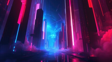 A digital illustration of a futuristic corridor bathed in vibrant neon lights, with a perspective that draws the eye towards infinity. Resplendent.
