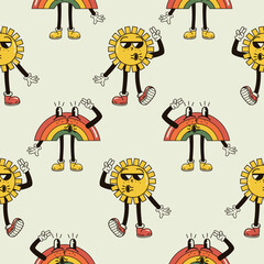 A seamless pattern with funny, cute sun and rainbow character in a groovy style vector illustration