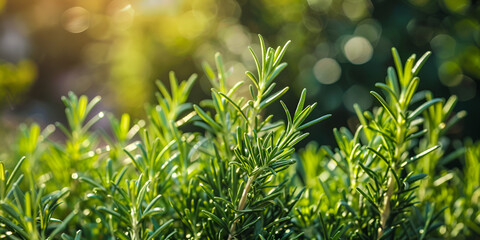Fototapeta na wymiar Fresh Rosemary Herb grow outdoor Rosemary leaves Close-up with bokeh blur effect background