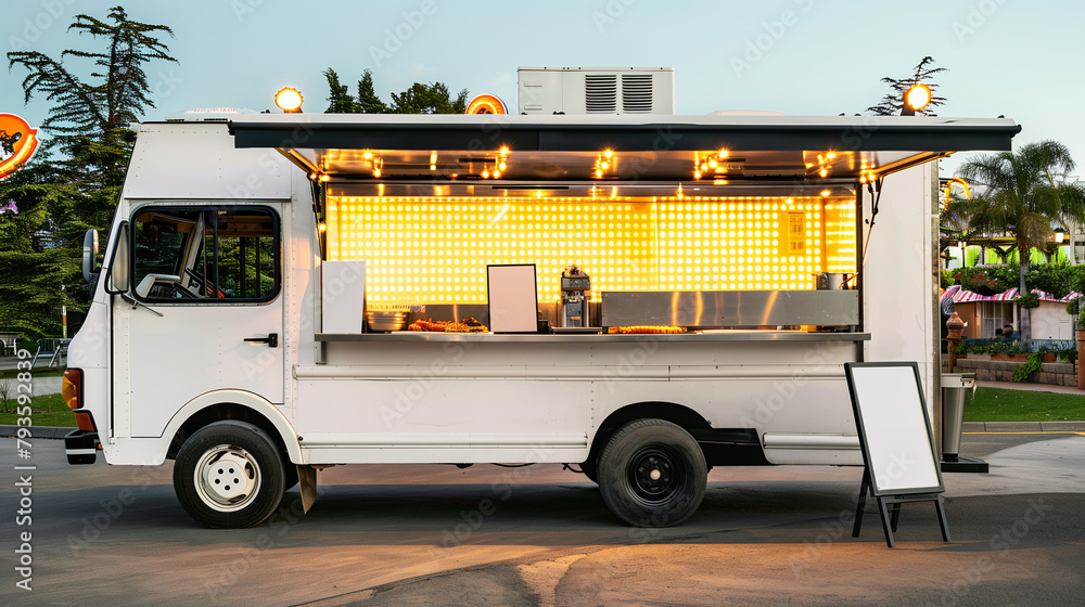 Wall mural a white food truck with an open window with decoration lighting inside is parked in a theme park in 