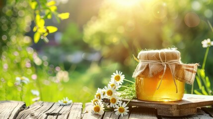 Fototapeta na wymiar A jar of delicious honey on a background of a chamomile field with copyspace