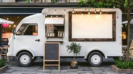 A white food truck with an open window with blank space for text at an empty advertise sign and standing blackboard menu beside the car on a city background.