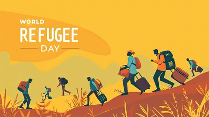 A group of refugees makes a crossing over the mountains. Refugee Day.