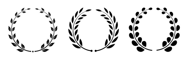Leaf circle template design for logo set of three in black color. Winner chaplet. Laurel wreath silhouette icon set. Vintage olive leaves emblem. Circle tree branch success symbol. Vector illustration
