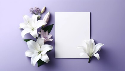 Elegant white lily with white blank card on purple pastel background, Perfect flat lay for design with copy space.