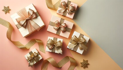 Gift Boxes with Golden Ribbons on Dual-tone Background.
