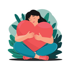 A young woman hugs a big heart with love and care. The girl holds a red heart in her hands. Self care and positive body concept flat illustration