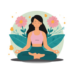 A woman meditates in a pastel background with flowers and leaves. Conceptual illustration for yoga, meditation, relaxation, rest, healthy lifestyle. Vector cartoon flat illustration