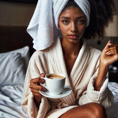Afro-American woman in a white robe with a towel on her hair on the bed drinking coffee