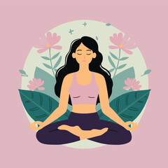 A woman meditates in a pastel background with flowers and leaves. Conceptual illustration for yoga, meditation, relaxation, rest, healthy lifestyle. Vector cartoon flat illustration