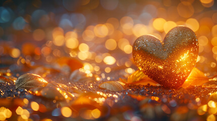 a luxurious and festive backdrop adorned with shimmering gold petals and charming heart motifs.
