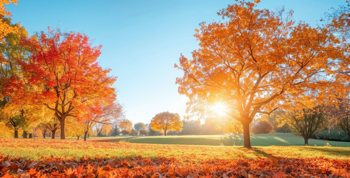 A vibrant autumn scene depicts trees with leaves in bright shades of orange, red and yellow standing tall on the grassy ground under a clear blue sky