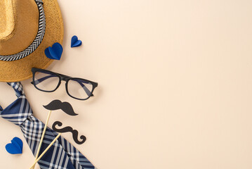 Celebration theme with straw hat, stylish necktie, glasses, mustaches props, and paper hearts on...