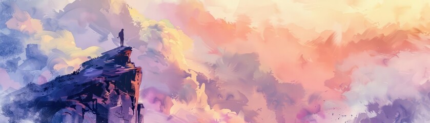 A cloud painter, perched on a mountain peak, captured the fleeting beauty of the sunrise with swift strokes of lavender and orange watercolor, the wind erasing each piece as quickly as it was created - obrazy, fototapety, plakaty