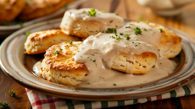 A plate filled with biscuits covered in savory gravy sits on a wooden table