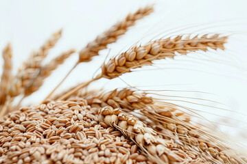 A serene image of wheat stems gently resting atop a pile of wheat grains - obrazy, fototapety, plakaty