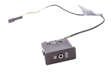 aux port for connecting multimedia players in luxury car on white isolated background
