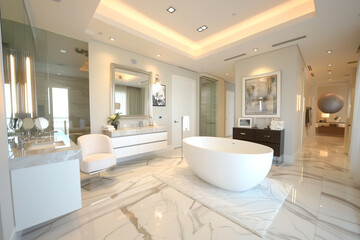 White master bedroom with a luxurious spa-like en suite bathroom, freestanding tub, and dual vanities.