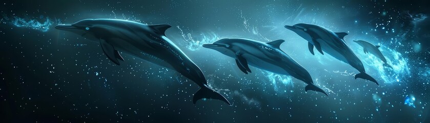 A pod of bioluminescent dolphins, their glowing bodies a beacon in the darkness, were sent on a deepspace mission to search for other forms of intelligent life in the universe - obrazy, fototapety, plakaty