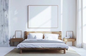 Modern Bedroom Interior With Wooden Bed and Blank Frame on Wall