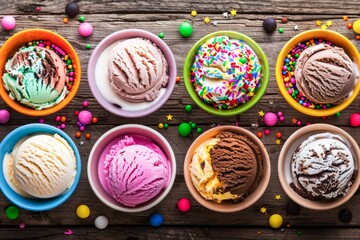 Assorted Scoops of Ice Cream on Wooden Table Surrounded by Colorful Candy