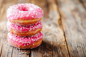 Stack of Pink Frosted Donuts With White Sprinkles on a Wooden Table