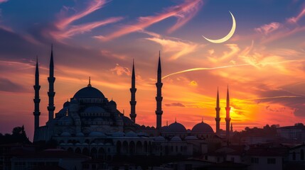 mosque at sunset and crescent moon above silhouette
