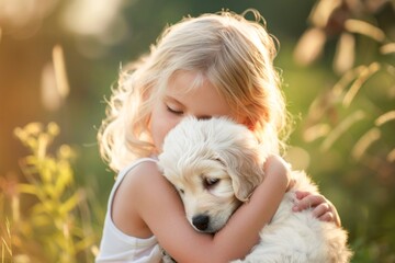 Young Girl Embracing Her Fluffy Puppy in a Sunlit Garden at Dusk