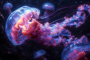 Luminescent Jellyfish Gracefully Drifting in the Deep Blue Ocean at Twilight