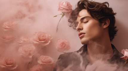 A South European romantic young man stands with his eyes closed in front of a bed of blush pink roses. Copy space.
