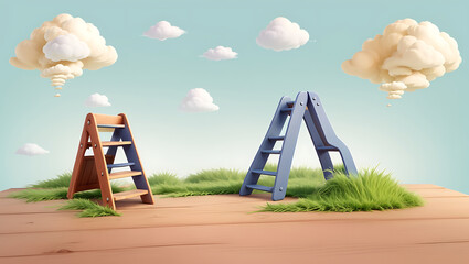 A wooden Step ladder leading in the clouds with copy space and isolated plain background . Growth, future, development concept with minimal pastel colors, ground