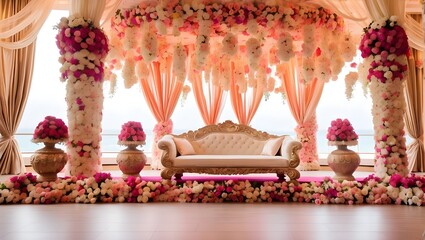 Beautiful flowers cover the stage decorations for an Indian wedding. Duplicate the image of space Location for text or design additions