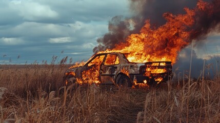 the car caught fire in a field with a strong flame
