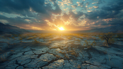 Rivers and lakes have dried up, leaving behind barren beds of cracked mud and parched rocks - obrazy, fototapety, plakaty