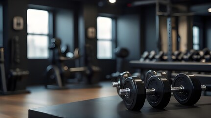 Black desk of free space for your decoration and blurred gym interior.Metal dumbbells and fit life.generative.ai  - obrazy, fototapety, plakaty