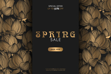 Spring sale vector banner template with gold hand drawn abstract lotus flowers pattern isolated on black background. Illustration for advertising, promotion, invitation, card, poster