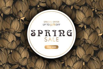 Spring round sale vector banner template with gold abstract hand drawn lotus flowers pattern isolated on black background. Illustration for advertising, promotion, invitation, card