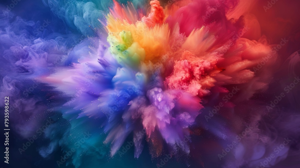 Poster a mesmerizing burst of colorful powder clouds creating a vivid spectacle on a dark background.
