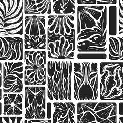 Vector seamless pattern with abstract black flowers, leaves and branches isolated on white background. Monochrome floral illustration template for textile print, card, poster, invitation