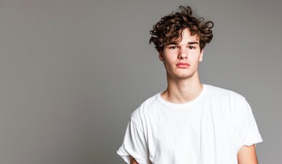 Young Man in White T-Shirt Looking Upwards With Reflective Expression in a Studio Setting - 793599010