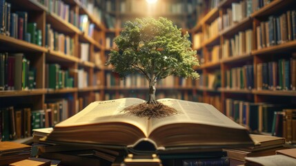 Open book with tree of knowledge in library