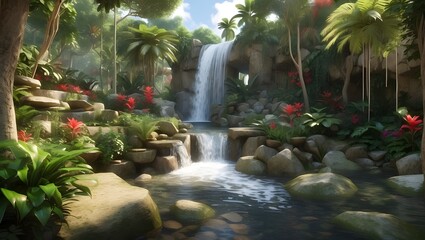 Peace in the Wild: A cascading waterfall in a tropical garden creates a calming and soothing atmosphere