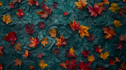 Fallen autumn leaves scattered on a moist dark green background, highlighting the seasonal change.