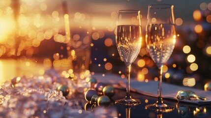 Champagne flutes with golden bokeh light background, celebrating an elegant evening event.