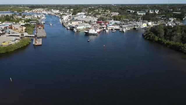 aerial flying into old town Tarpon Springs