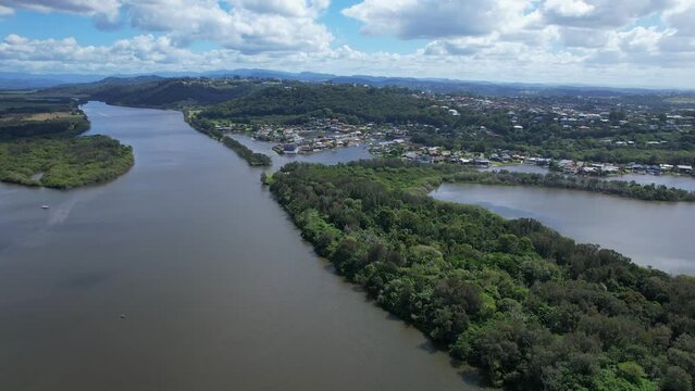 Calm Waters And Lush Vegetation, Tweed River In New South Wales, Australia - Aerial Drone Shot