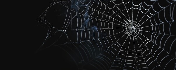 spider web glistens with dew against a mysterious, dark and empty background.